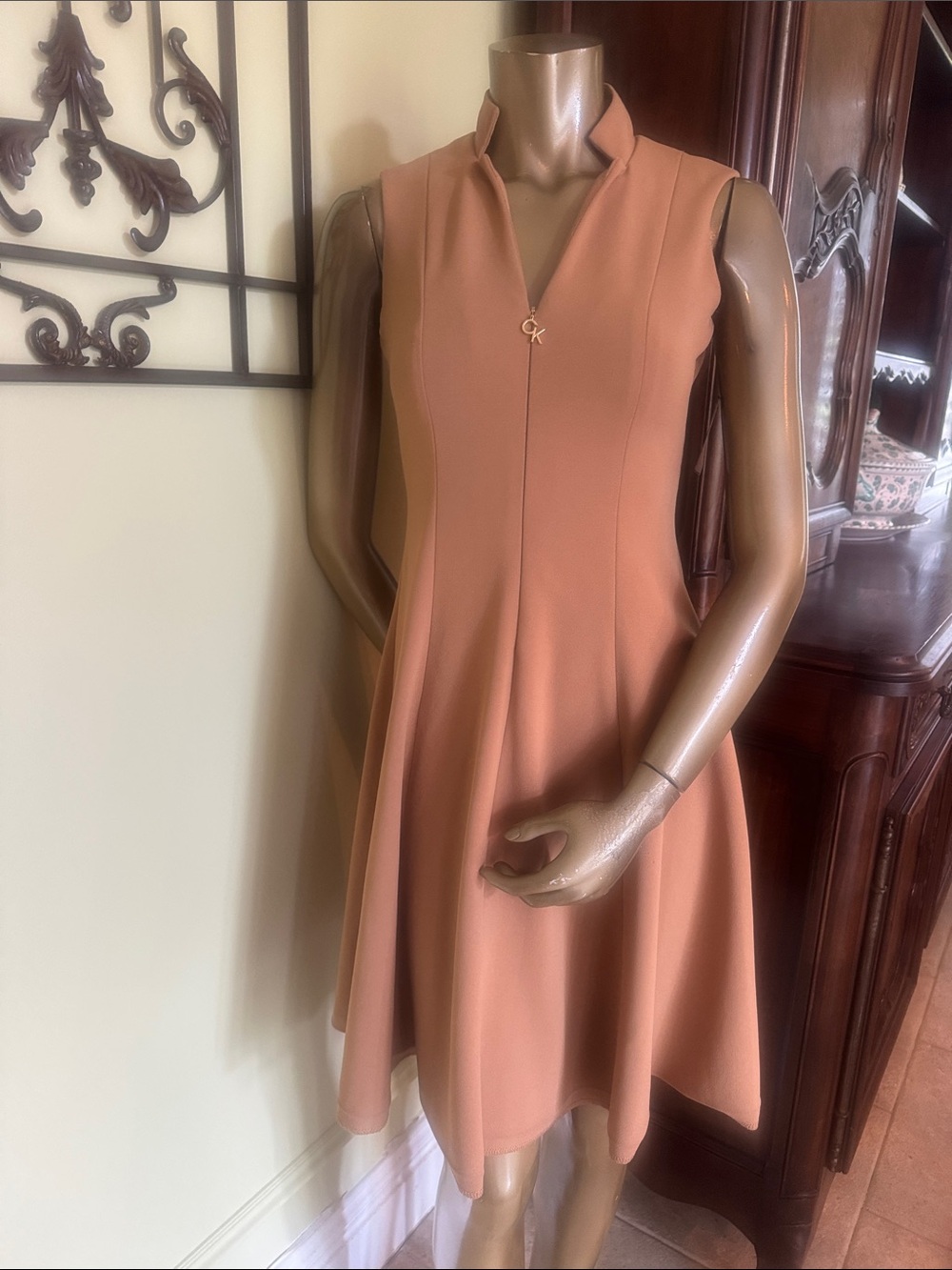 Calvin Klein Sleeveless A-Line Dress in Terracotta Brown